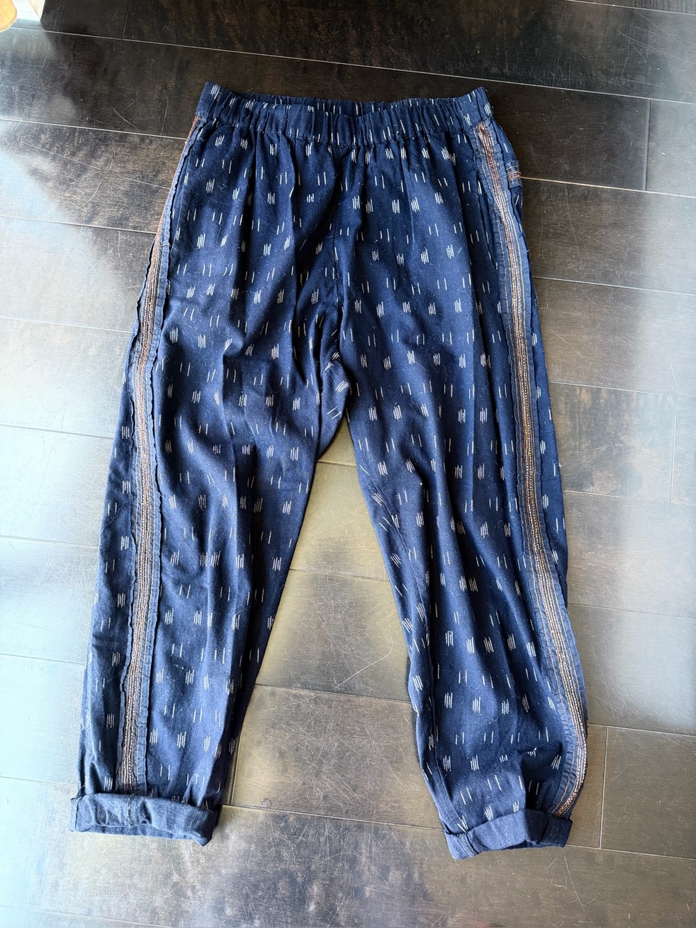 Anthropologie Black Patterned Drawstring Joggers with Beaded Side Stripe